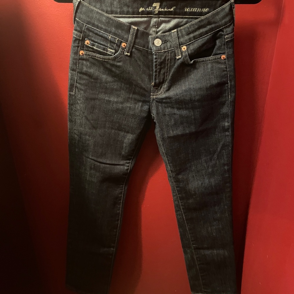 7 For All Mankind Size 24 Roxanne Jeans Dark Wash Embroidered Pockets Belt Loops